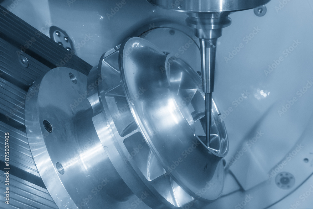 Milling cutter tracing the curved blade face of an aluminum impeller